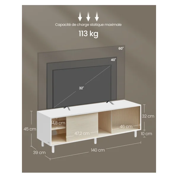 Meuble TV Meuble Télévision Blanc et Beige TV Jusqu’à 60 Pouces