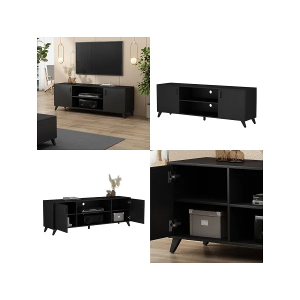 Meuble TV Noir 160 cm 2 Portes Meuble téléviseur avec rangement