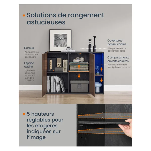 Meuble TV Noyer et Noir Boisé Buffet avec Eclairage Meuble de Rangement Salon