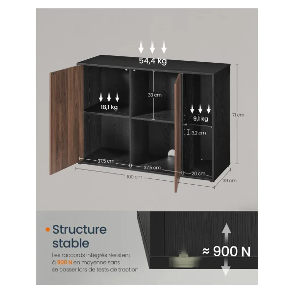 Meuble TV Noyer et Noir Boisé Buffet avec Eclairage Meuble de Rangement Salon