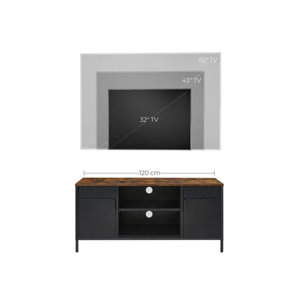 Meuble Télévision Plateau Brun Rustique Meuble TV Métal Industriel 2 Placards avec Etagères