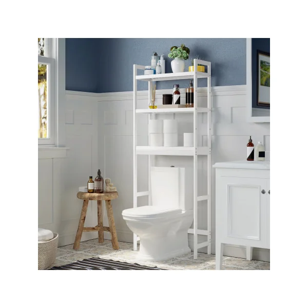Meuble WC Blanc Étagère Toilette 3 Niveaux Tablettes Réglables en Bambou
