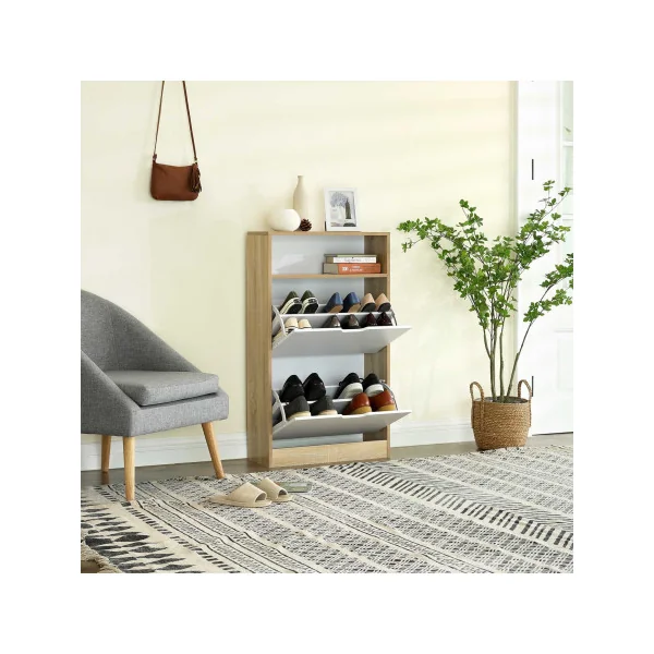 Meuble à Chaussures 2 Abattants Chêne et Blanc avec Etagère Rangement Chaussures