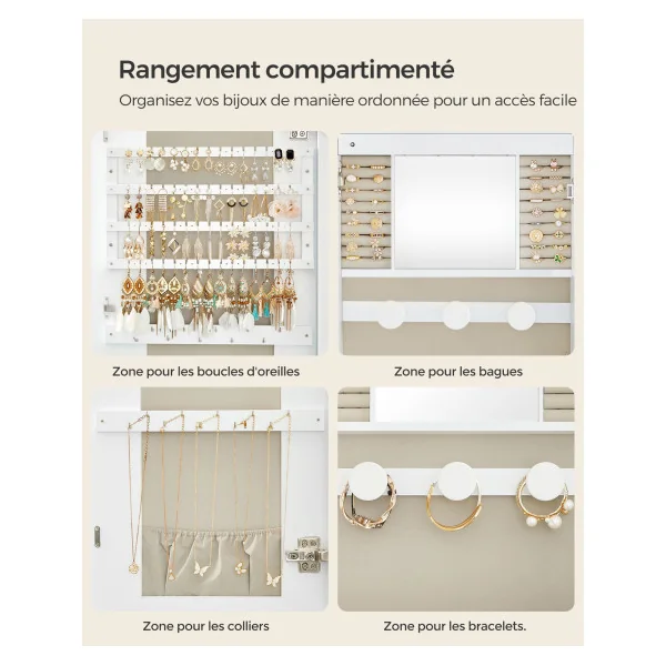 Miroir Mural avec LED et Serrure Armoire à Bijoux Mural Eclairage LED