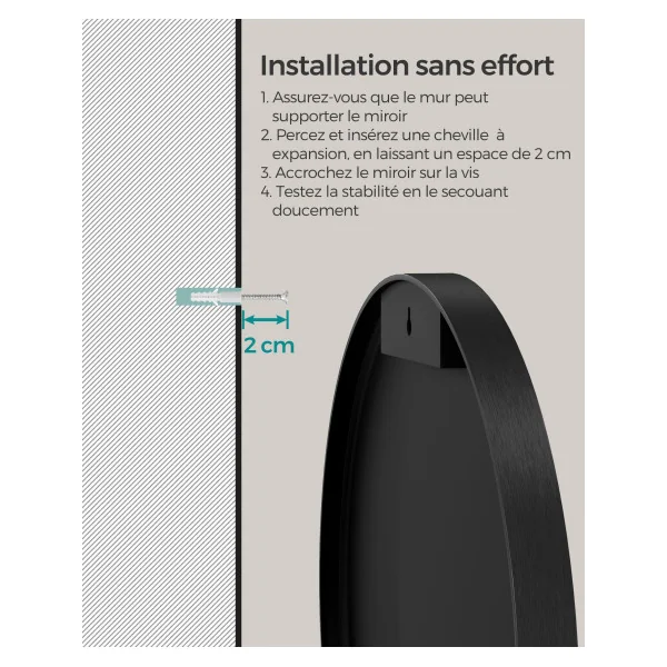 Miroir Mural Rond Diamètre 61 cm Cadre en Métal Noir