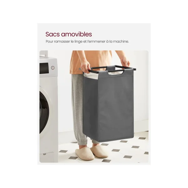 Panier à Linge 2 Compartiments avec Etagère de Rangement Marron Rustique Noir et Gris