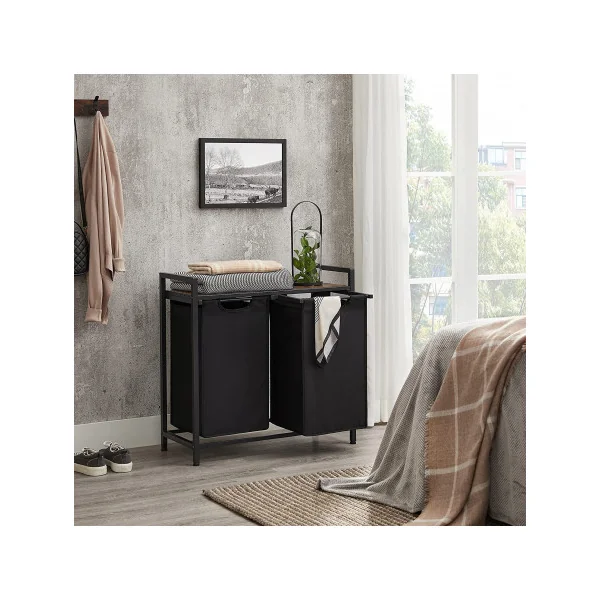 Panier à Linge 2 Compartiments avec Etagère de Rangement Marron Rustique Noir