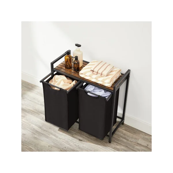 Panier à Linge 2 Compartiments avec Etagère de Rangement Marron Rustique Noir