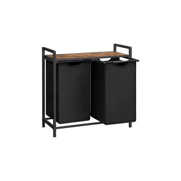 Panier à Linge 2 Compartiments avec Etagère de Rangement Marron Rustique Noir