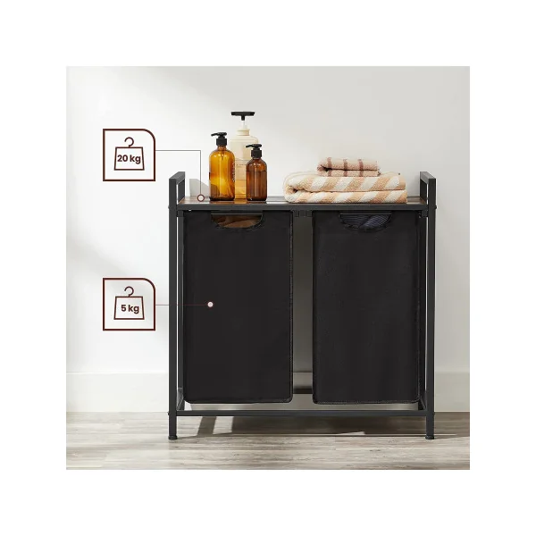 Panier à Linge 2 Compartiments avec Etagère de Rangement Marron Rustique Noir