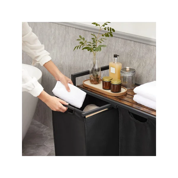 Panier à Linge 2 Compartiments avec Etagère de Rangement Marron Rustique Noir