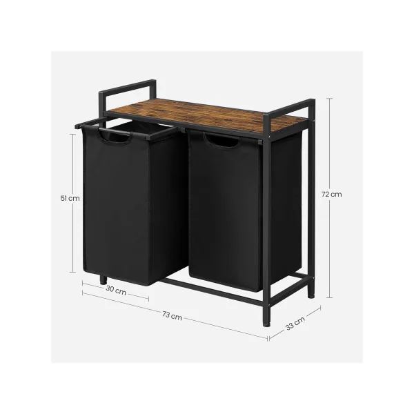 Panier à Linge 2 Compartiments avec Etagère de Rangement Marron Rustique Noir
