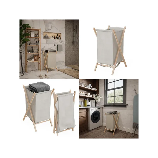 Panier à Linge Bois de Sapin Tissu Beige Corbeille à Linge Pliable Gain de Place
