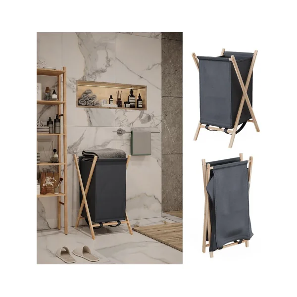 Panier à Linge Bois de Sapin Tissu Gris Corbeille à Linge Pliable Gain de Place
