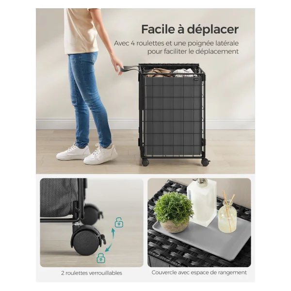Panier à Linge Corbeille Linge Sale 90 L Noir Gris Ardoise