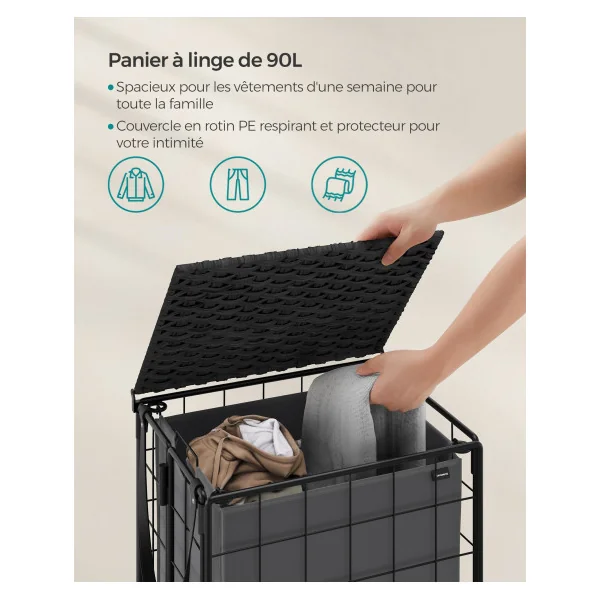Panier à Linge Corbeille Linge Sale 90 L Noir Gris Ardoise