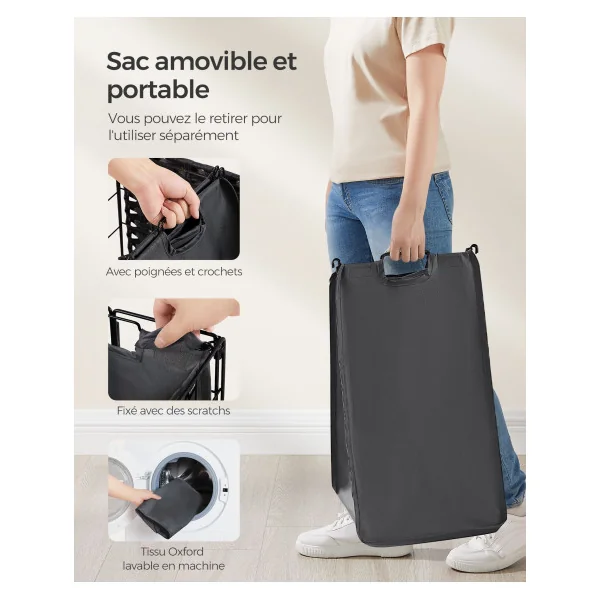 Panier à Linge Corbeille Linge Sale 90 L Noir Gris Ardoise