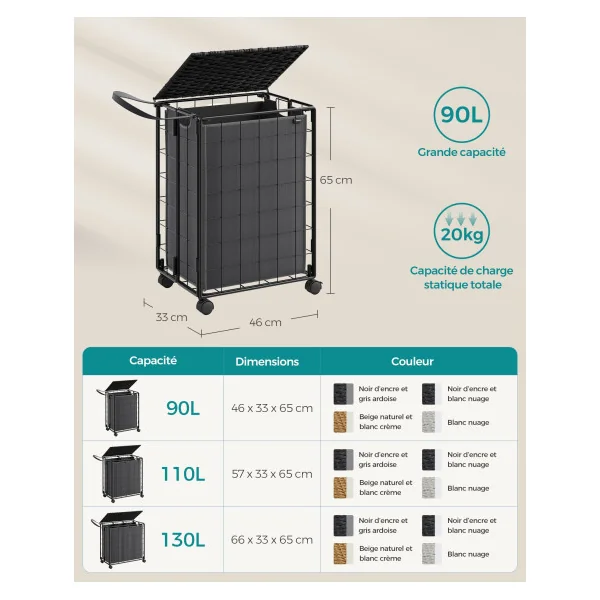 Panier à Linge Corbeille Linge Sale 90 L Noir Gris Ardoise