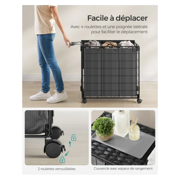 Panier à Linge Mobile En Acier Noir 3 Compartiments 110L Sac Amovible Corbeille Linge Sale