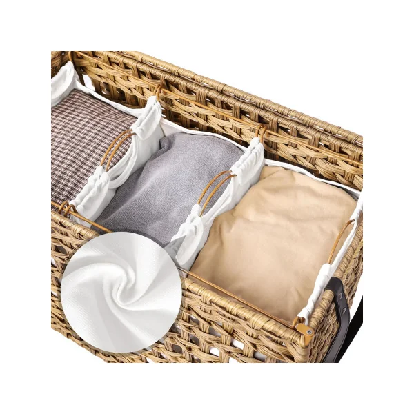Panier à Linge Mobile Tissé Marron 3 Compartiments 143L Sac Amovible Corbeille Linge Sale