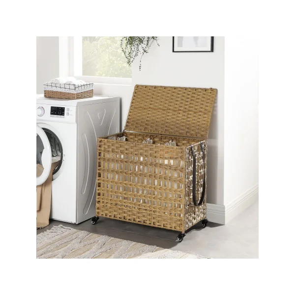 Panier à Linge Mobile Tissé Marron 3 Compartiments 143L Sac Amovible Corbeille Linge Sale