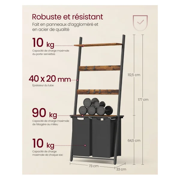 Panier à Linge Style Echelle Marron Rustique et Noir Corbeille Linge Double avec Porte-serviettes