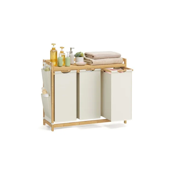 Panier à Linge Triple en Bambou 94 x 33 x 78 cm Corneille Linge 3 x 50 L Blanc Crème