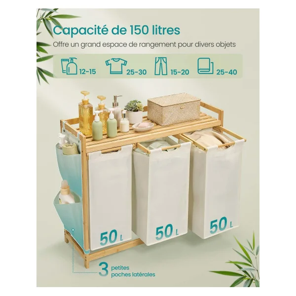 Panier à Linge Triple en Bambou 94 x 33 x 78 cm Corneille Linge 3 x 50 L Blanc Crème