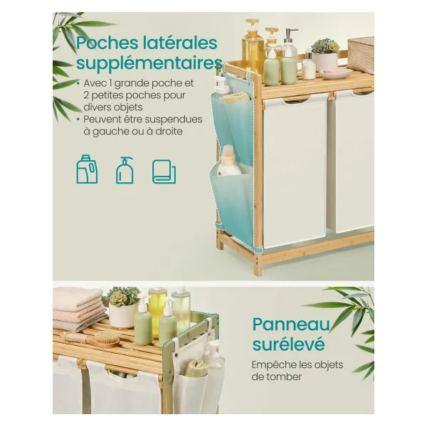 Panier à Linge Triple en Bambou 94 x 33 x 78 cm Corneille Linge 3 x 50 L Blanc Crème