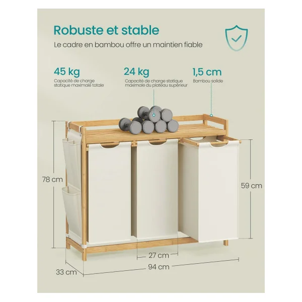 Panier à Linge Triple en Bambou 94 x 33 x 78 cm Corneille Linge 3 x 50 L Blanc Crème