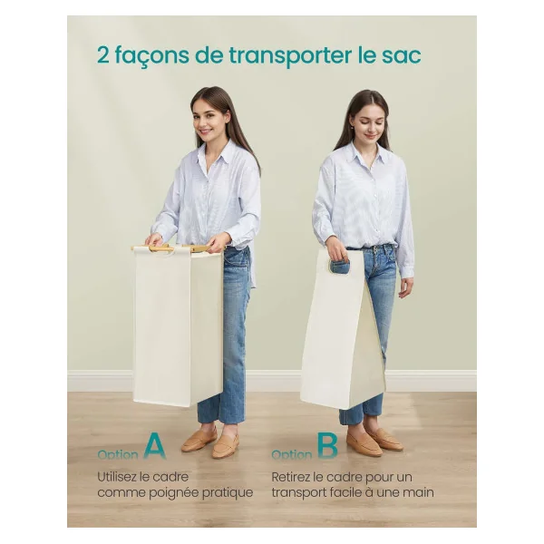Panier à Linge Triple en Bambou 94 x 33 x 78 cm Corneille Linge 3 x 50 L Blanc Crème