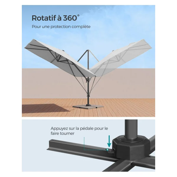 Parasol de jardin Déporté 270x270 cm inclinable Gris Parasol de Terrasse Pivotant à 360°