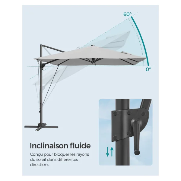 Parasol de jardin Déporté 270x270 cm inclinable Gris Parasol de Terrasse Pivotant à 360°