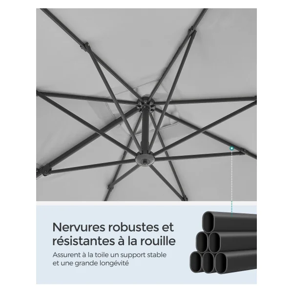 Parasol de jardin Déporté 270x270 cm inclinable Gris Parasol de Terrasse Pivotant à 360°
