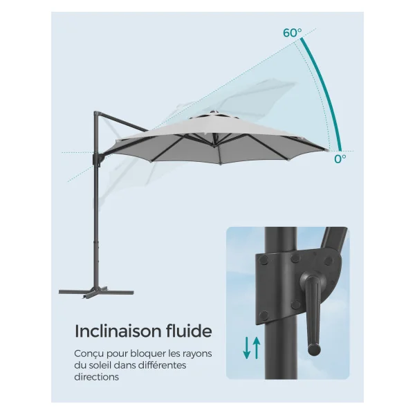 Parasol de Jardin Déporté 300 cm Inclinable Gris Tourterelle Parasol de Terrasse Pivotant à 360° avec Manivelle