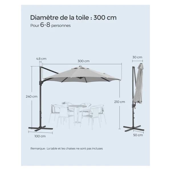 Parasol de Jardin Déporté 300 cm Inclinable Gris Tourterelle Parasol de Terrasse Pivotant à 360° avec Manivelle