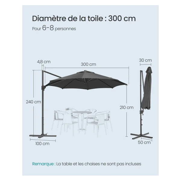 Parasol de Jardin Déporté Pivotant Gris 300 cm UPF 50+