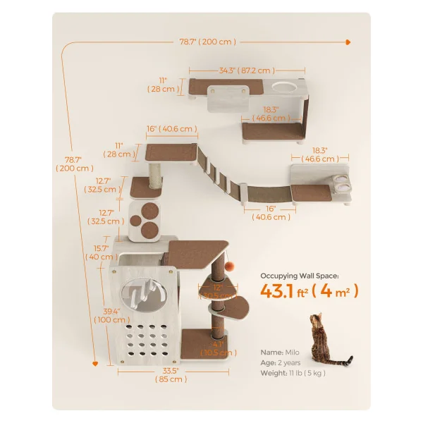 Parcours Chat Mural Ensemble de 7 Pièces Arbre à Chat Étagère Suspendu Hamac Escalier Gamelle