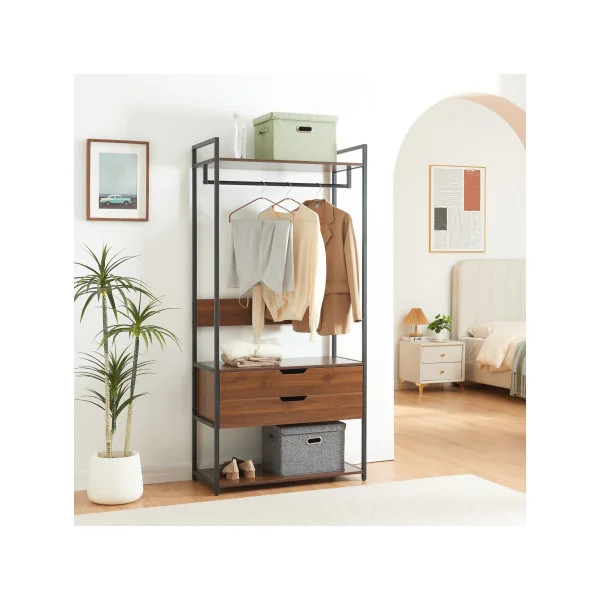 Penderie Dressing Ouvert Ensemble 2 Portants à Vêtements avec Tiroirs et Etagères Noyer et Noir