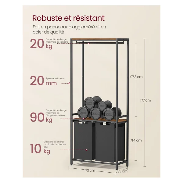 Penderie Salle de Bain avec Panier à Linge Double 2 x 45 L Etagères Marron Rustique Noir