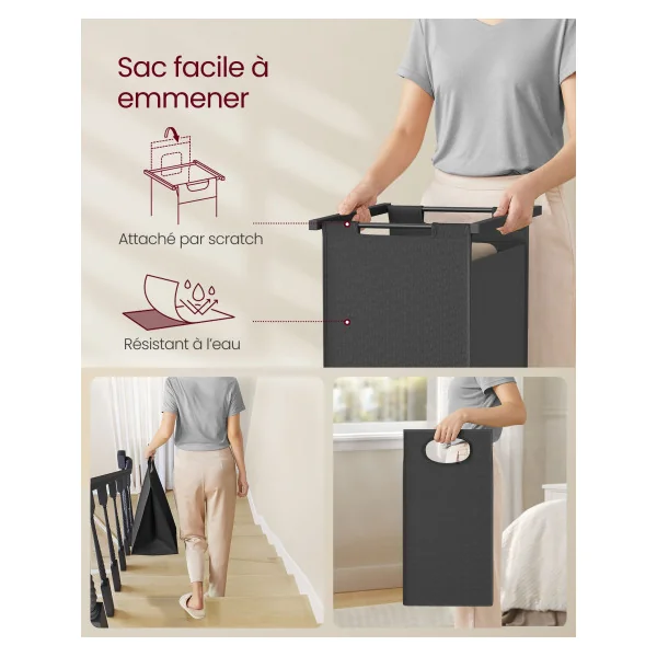 Penderie Salle de Bain avec Panier à Linge Double 2 x 45 L Etagères Marron Rustique Noir