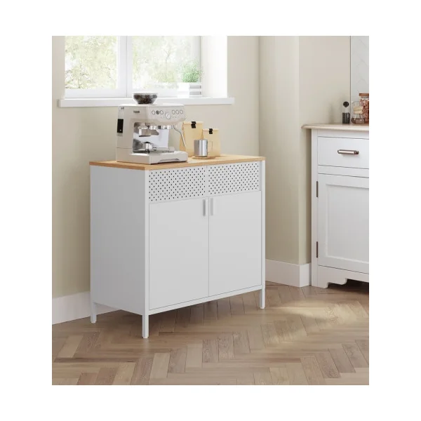 Petit Buffet Blanc Boisé Meuble de Rangement Double Porte avec Etagère Réglable