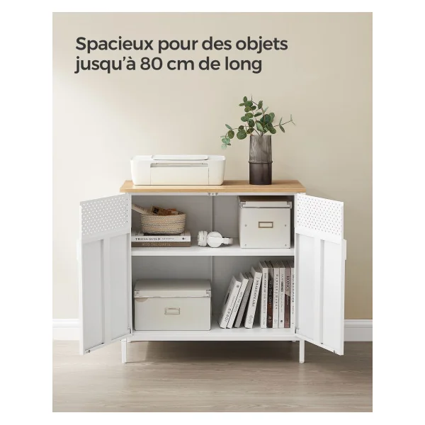 Petit Buffet Blanc Boisé Meuble de Rangement Double Porte avec Etagère Réglable