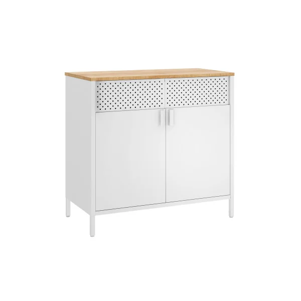 Petit Buffet Blanc Boisé Meuble de Rangement Double Porte avec Etagère Réglable