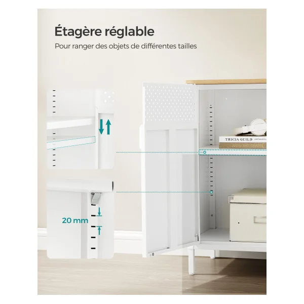 Petit Buffet Blanc Boisé Meuble de Rangement Double Porte avec Etagère Réglable