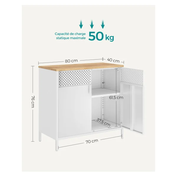 Petit Buffet Blanc Boisé Meuble de Rangement Double Porte avec Etagère Réglable