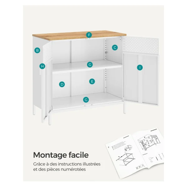 Petit Buffet Blanc Boisé Meuble de Rangement Double Porte avec Etagère Réglable