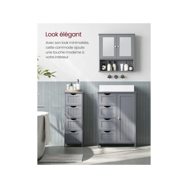 Petite Colonne Salle de Bain Meuble Rangement Salle de Bain 4 tiroirs Gris