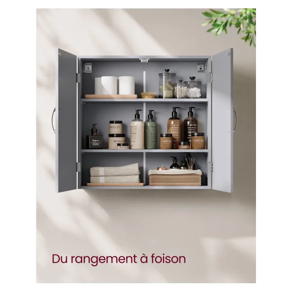 Placard Mural Armoire Murale Salle de bain 60 x 18 x 60 cm Gris 2 étagères Réglables