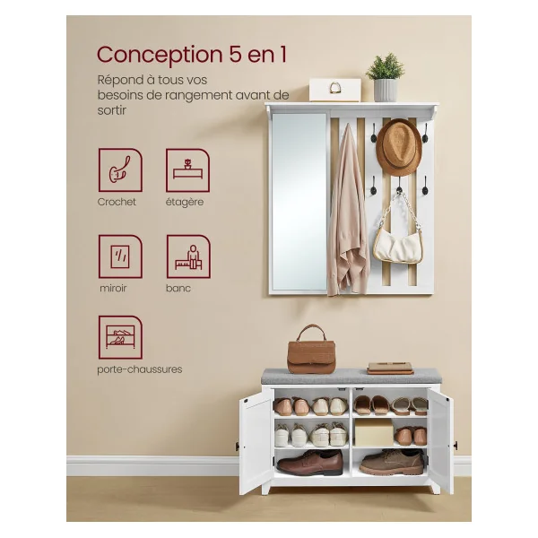 Portant avec Miroir 8 Crochets Doubles Ensemble Porte-Manteau avec Banc à Chaussures Miroir Blanc